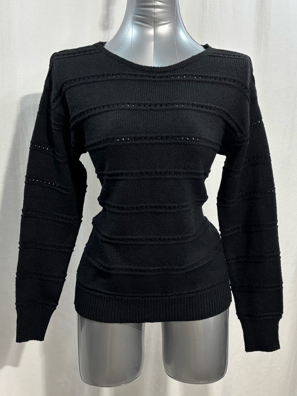 Women's Black Crewneck Knit Sweater - Lightweight Textured Design Small 433